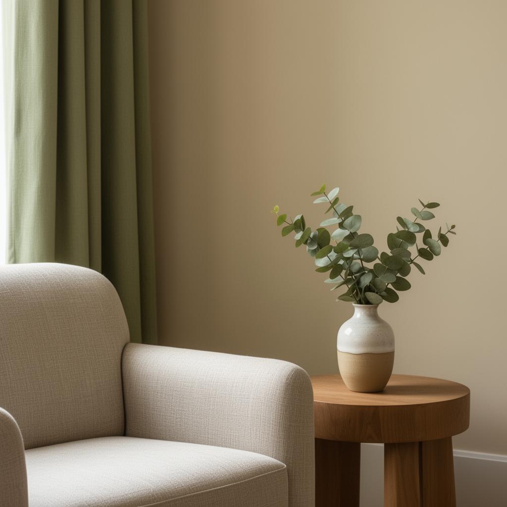 A quiet therapy room with a linen armchair and eucalyptus